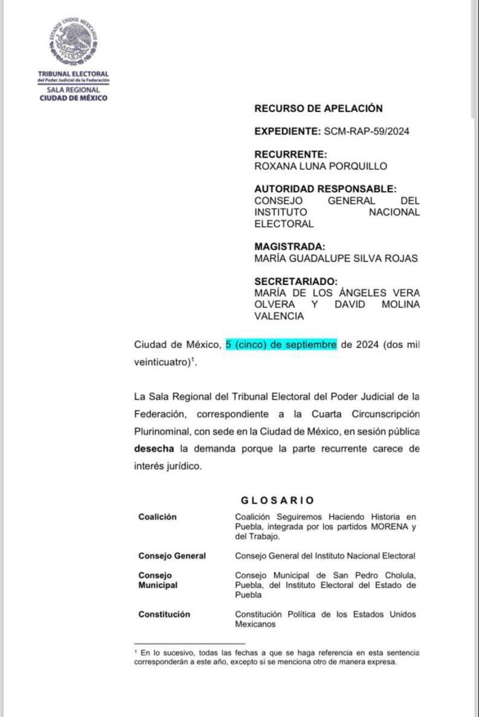 Sala regional del TEPJF desecha demanda de Roxana Luna por carecer de interés jurídico