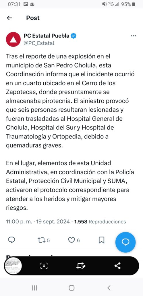 Seis heridos por quemaduras graves, saldo de explosión en San Pedro Cholula: Protección Civil en redes sociales