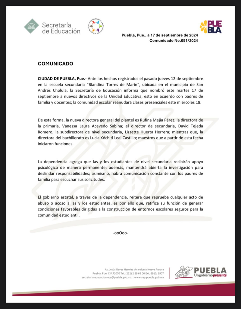 SEP nombró nuevos directivos en escuela de Cholula tras denuncias de acoso