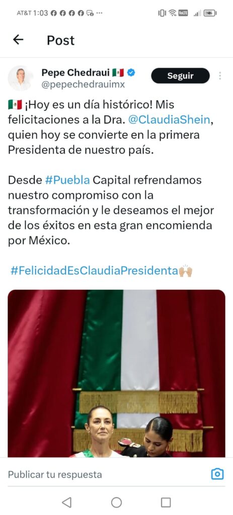 Pepe Chedraui felicita a Claudia Sheinbaum por rendir protesta como presidenta de México