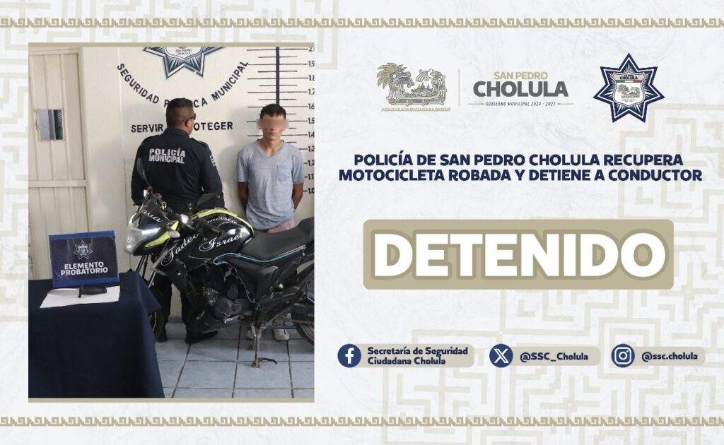 En San Pedro Cholula, recuperan motocicleta robada y detienen al presunto ladrón