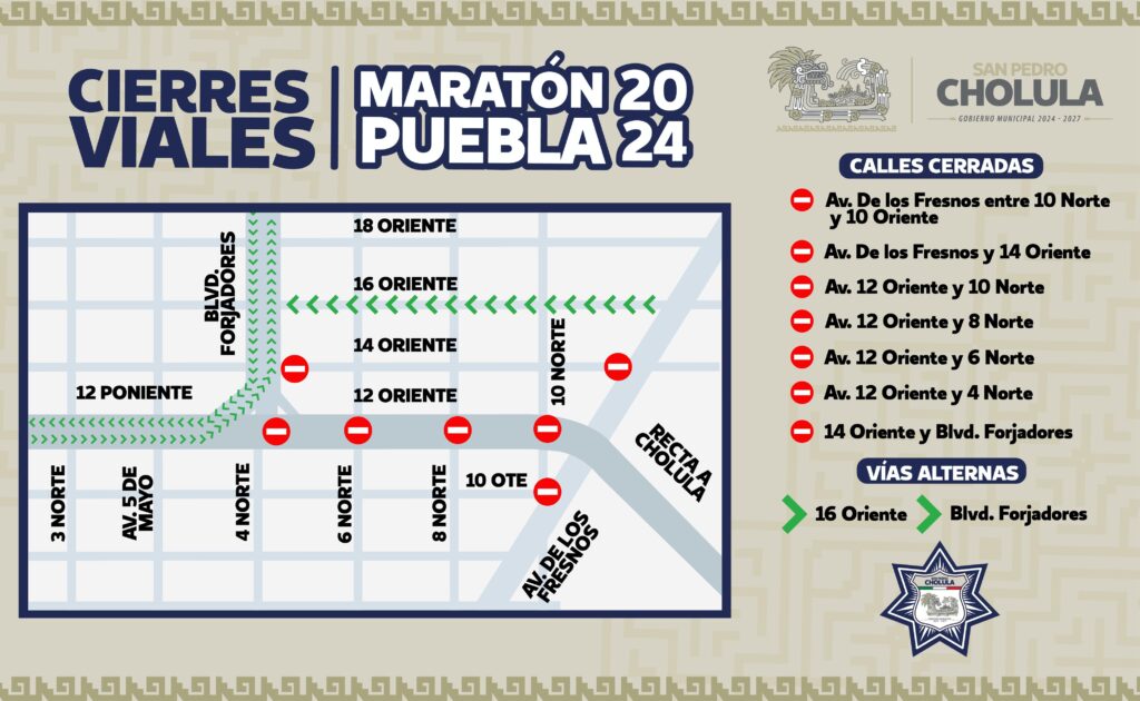 ¡Te avisamos los cierres viales que habrá en San Pedro Cholula este domingo por el maratón Puebla 2024!