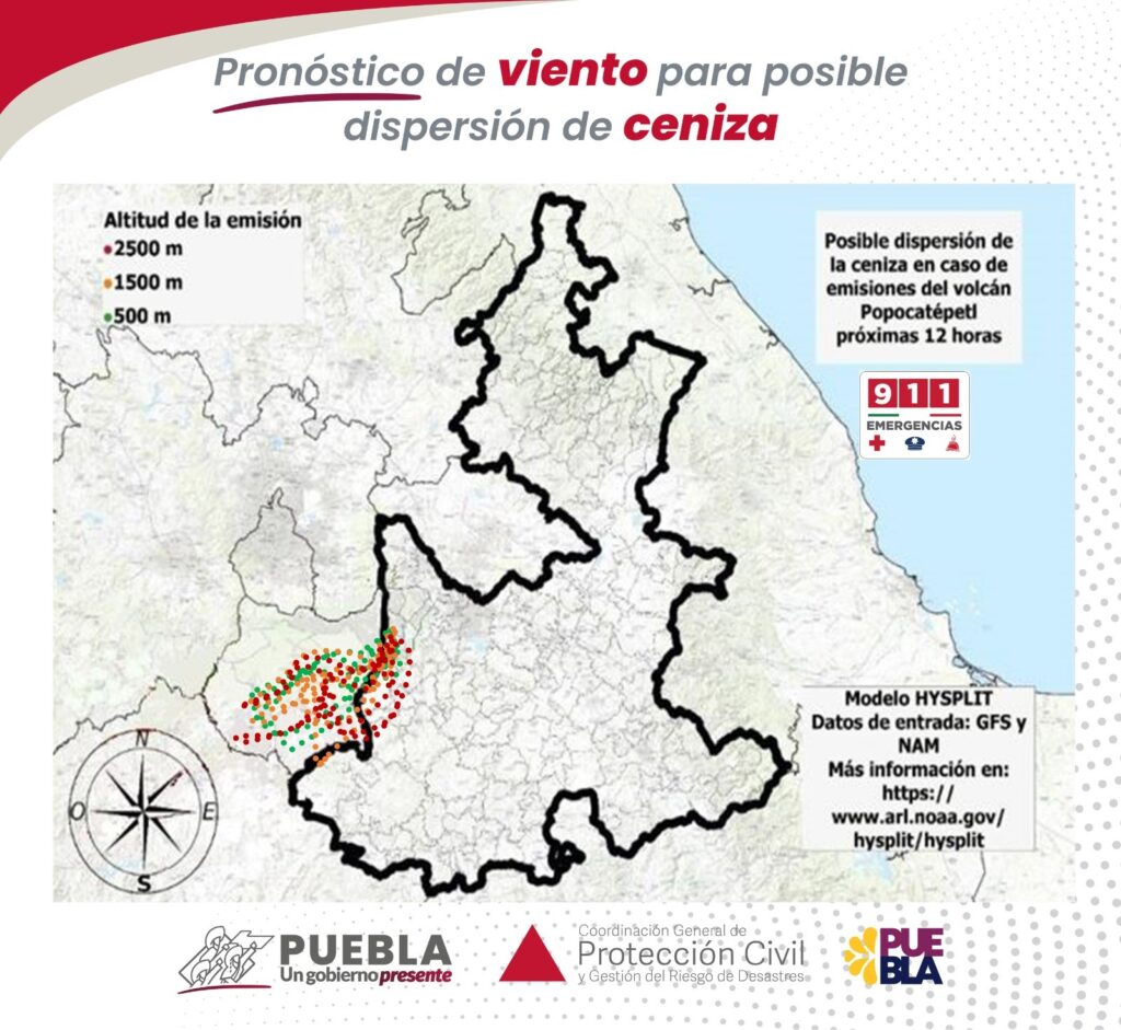 Probabilidad de caída de ceniza en Atlixco y la Mixteca: PC