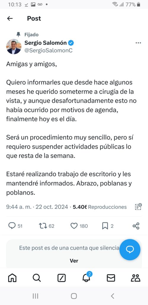 Gobernador Sergio Salomón será operado de la vista