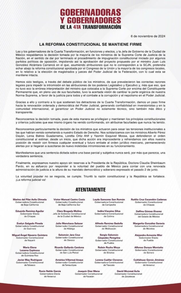 Sergio Salomón y Alejandro Armenta firman desplegado para respaldar a la SCJN