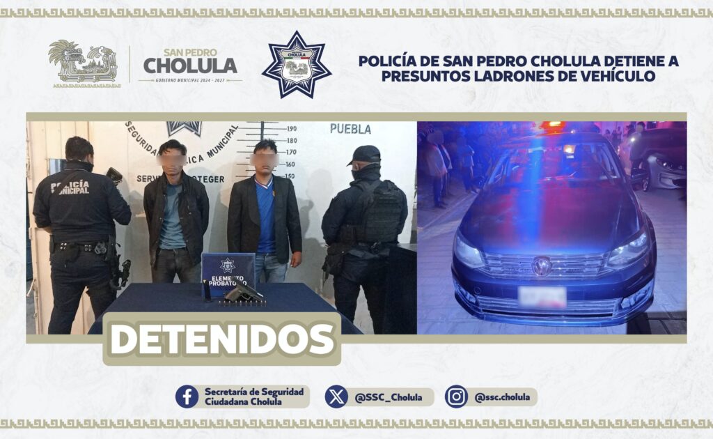 Detenidos en San Pedro Cholula por robo de vehículo