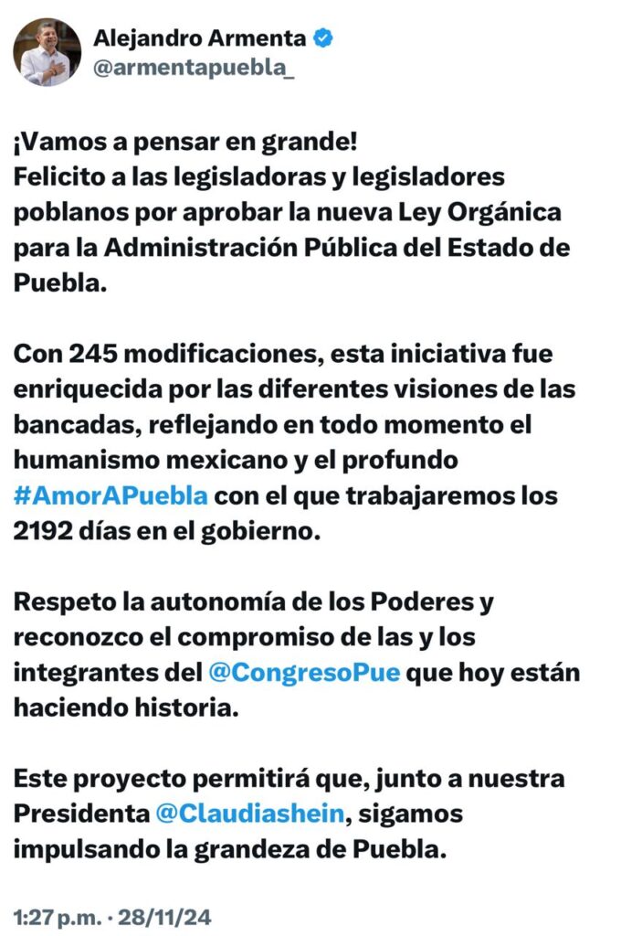 Alejandro Armenta reconoce a diputados por avalar nueva ley de la Administración Pública