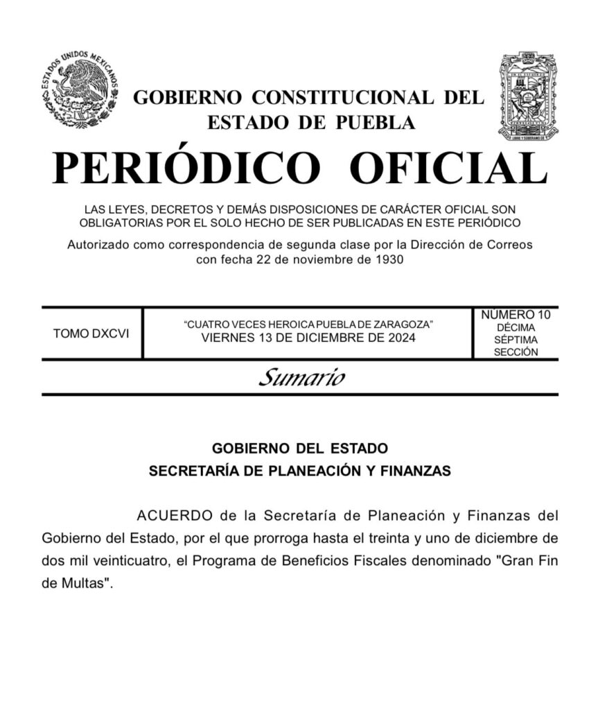 Extienden al 31 de diciembre el Gran Fin de Multas en Puebla 