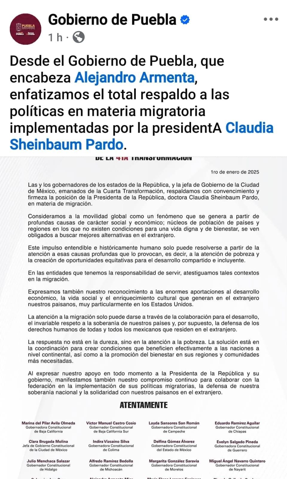 Alejandro Armenta firma desplegado de apoyo a la presidenta Sheinbaum en materia migratoria