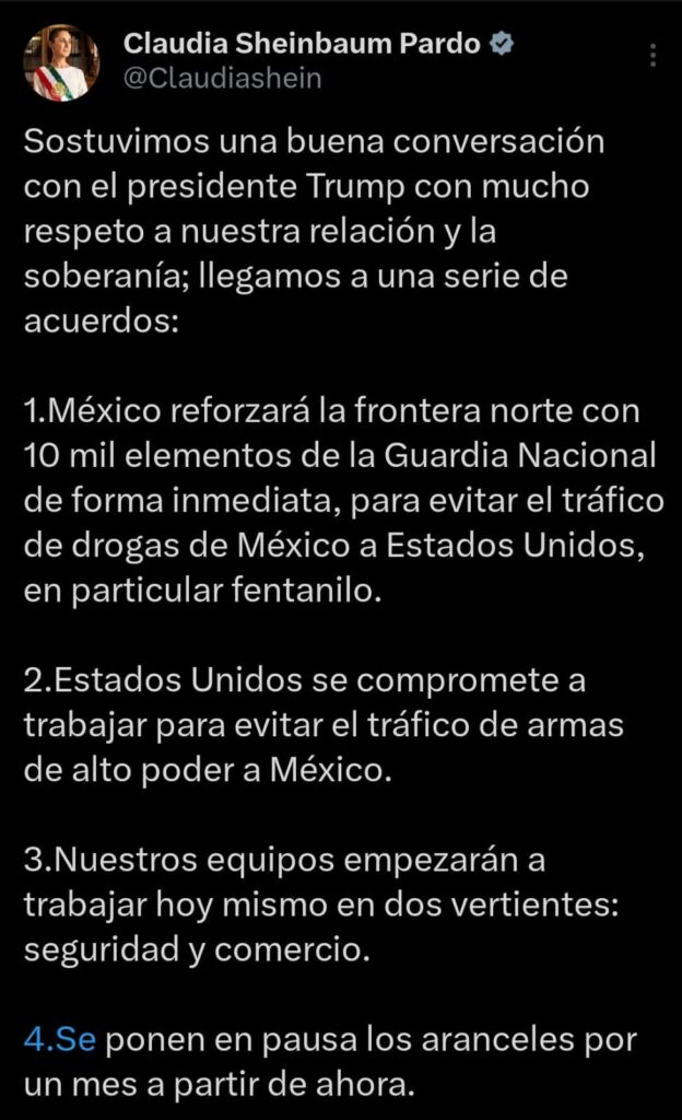 Sheinbaum llega a acuerdos con Donald Trump; destaca presunta pausa a la imposición de aranceles