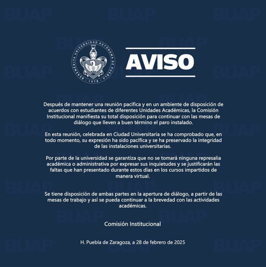 Comisión negociadora de la BUAP acepta que movimiento estudiantil cuidó el bienestar físico tanto de los universitarios como de la infraestructura institucional