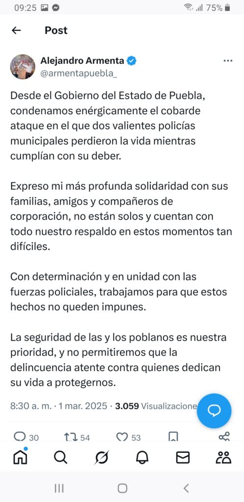 Gobernador Armenta condena homicidio de dos policías municipales de Puebla