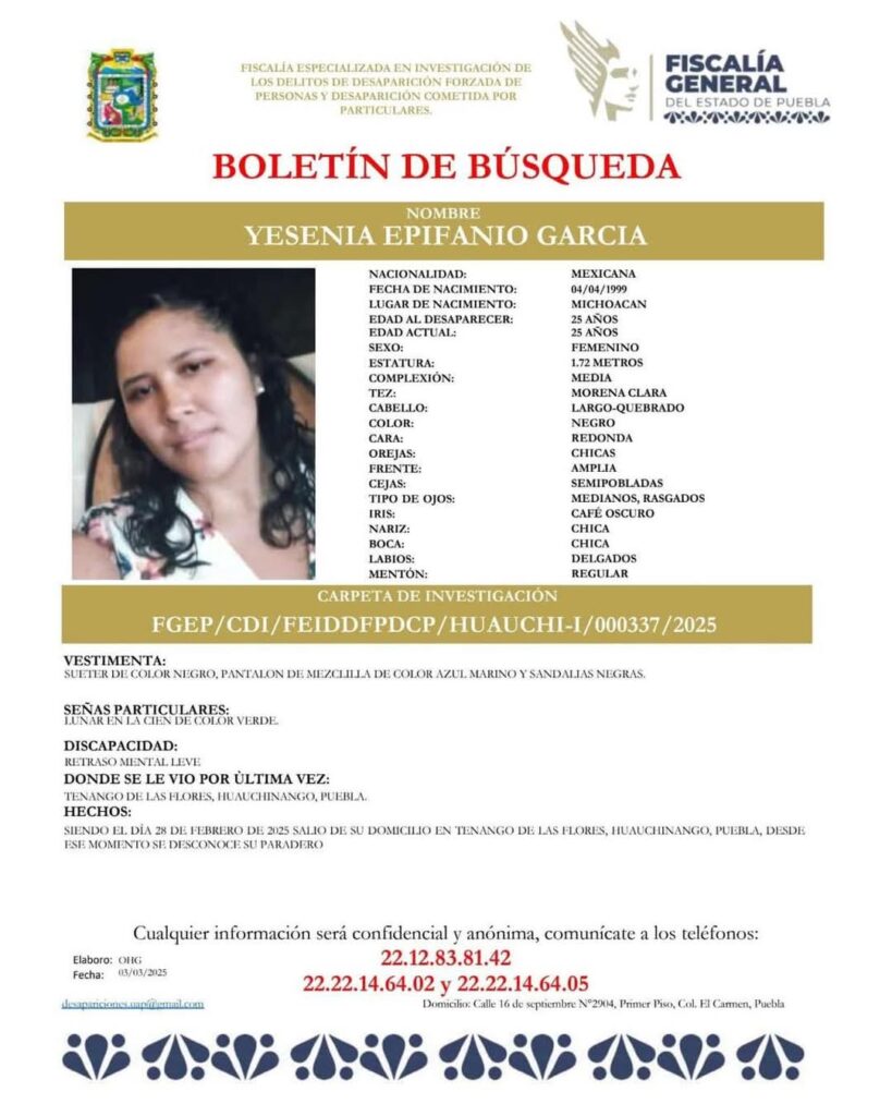 Se solicita apoyo para la pronta localización de Yesenia Epifanio García