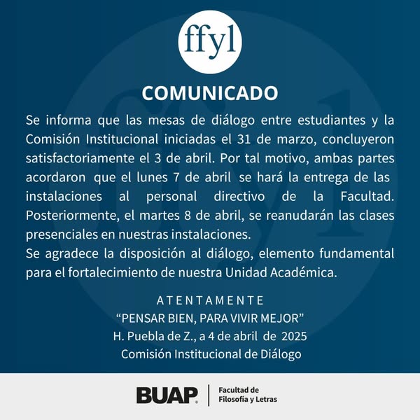 Filosofía y Letras BUAP regresará a clases presenciales el próximo martes