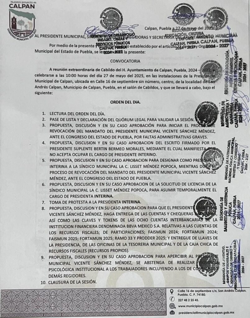 En Calpan convocaron a sesión extraordinaria de Cabildo para revocar mandato del edil Vicente Sánchez