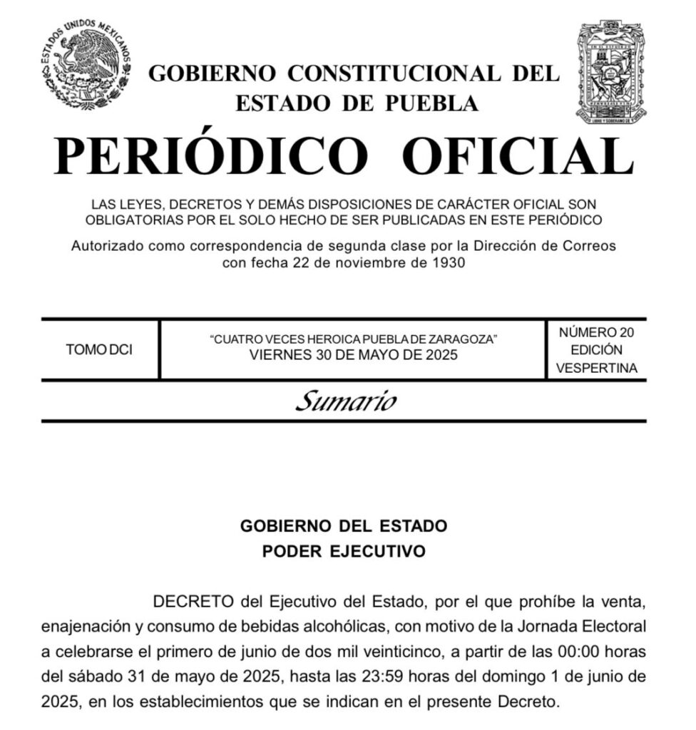 Publican decreto con la Ley Seca este fin de semana en Puebla