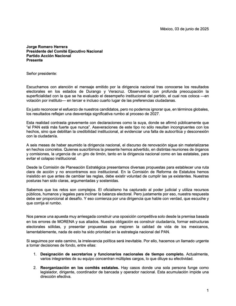 Militantes destacados del PAN exigen cambio de rumbo en carta a Jorge Romero sobre la crisis interna