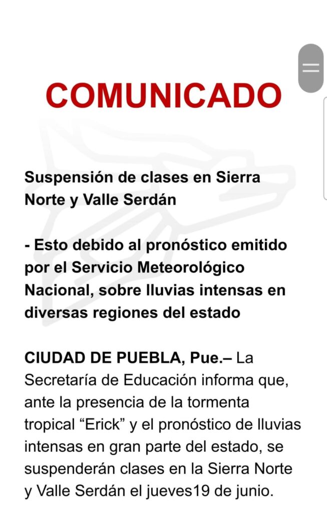 SEP suspende clases en Sierra Norte y Valle de Serdán por lluvias
