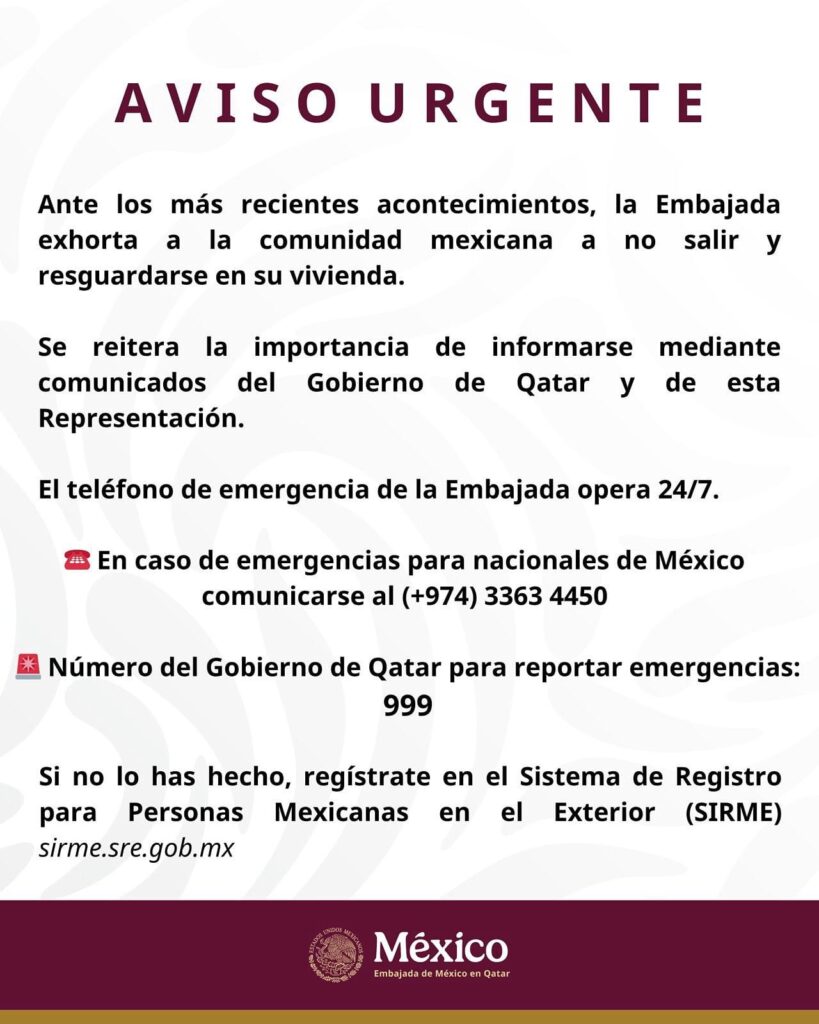 Embajada de México en Qatar pide a connacionales no salir y resguardarse 