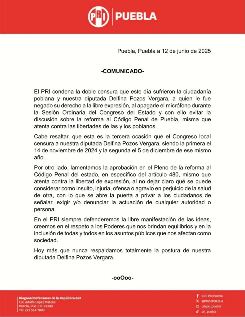 PRI condena censura a la diputada Delfina Pozos Vergara