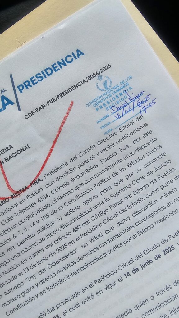 PAN Puebla solicita a la CNDH interponer acción de inconstitucionalidad contra el artículo 480 del Código Penal del Estado
