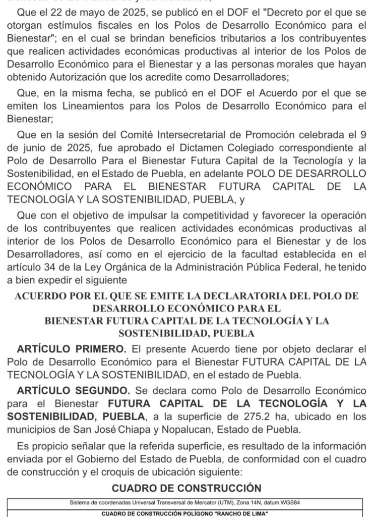 Publican en el DOF acuerdo de declaratoria de polo de desarrollo de Puebla
