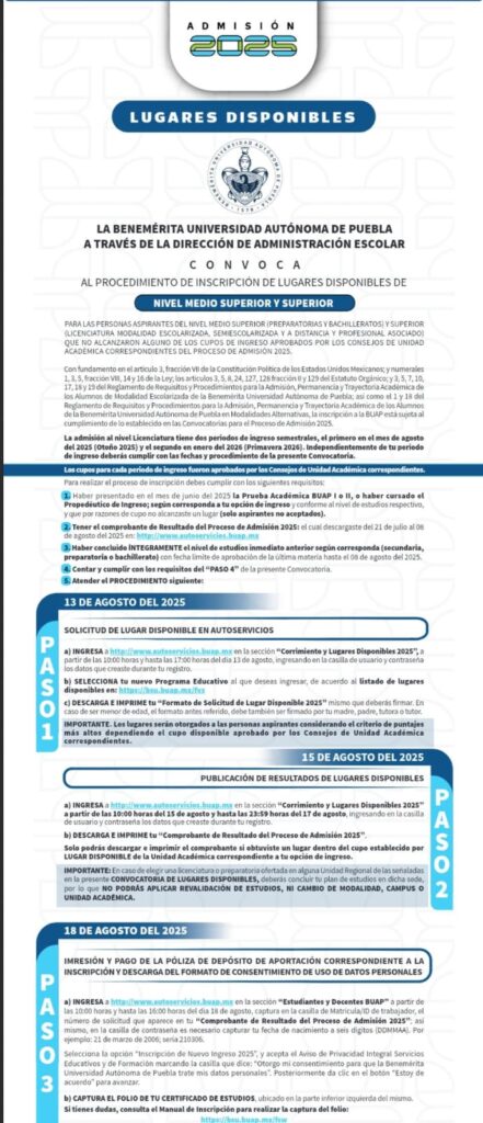 BUAP presenta convocatoria de Corrimiento y lugares disponibles del proceso de admisión 2025