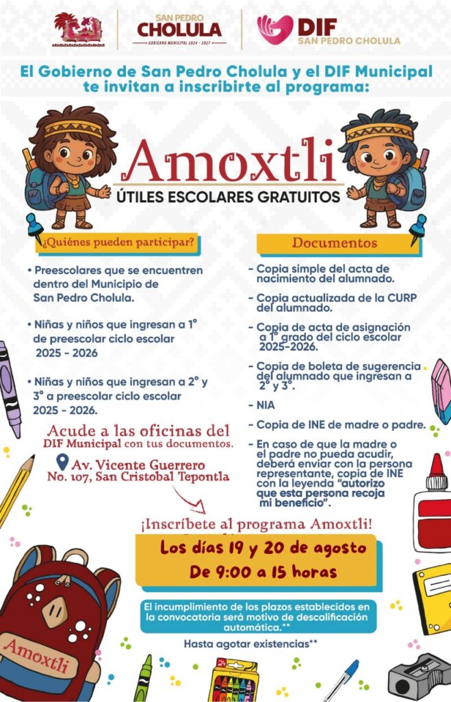 Continúa abierta la entrega de útiles escolares gratuitos niños en San Pedro Cholula