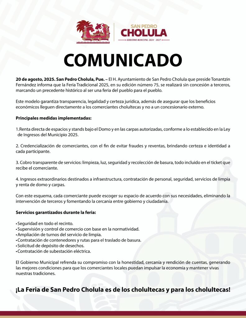 Feria San Pedro Cholula 2025, sin privatización, reitera el ayuntamiento