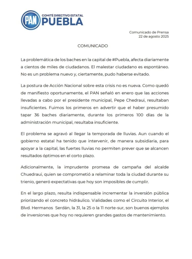 Ayuntamiento de Puebla, rebasado por los baches: PAN