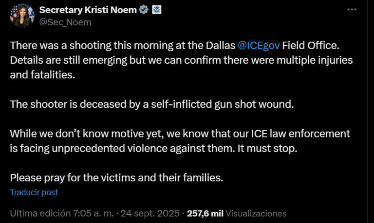 Dos migrantes muertos, tras tiroteo en centro de detención del ICE en Dallas; el atacante se quitó la vida