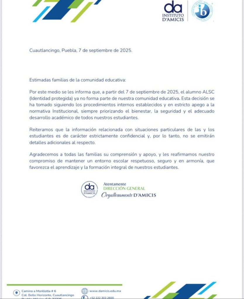 Colegio D´Amicis informa que Axel N dejó de ser su estudiante