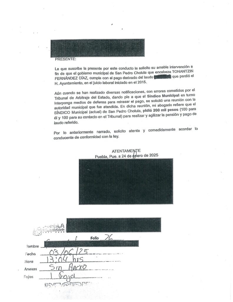Pese a acusaciones de extorsión y amenazas contra el síndico municipal, cabildo de San Pedro Cholula avanza en pago de laudos