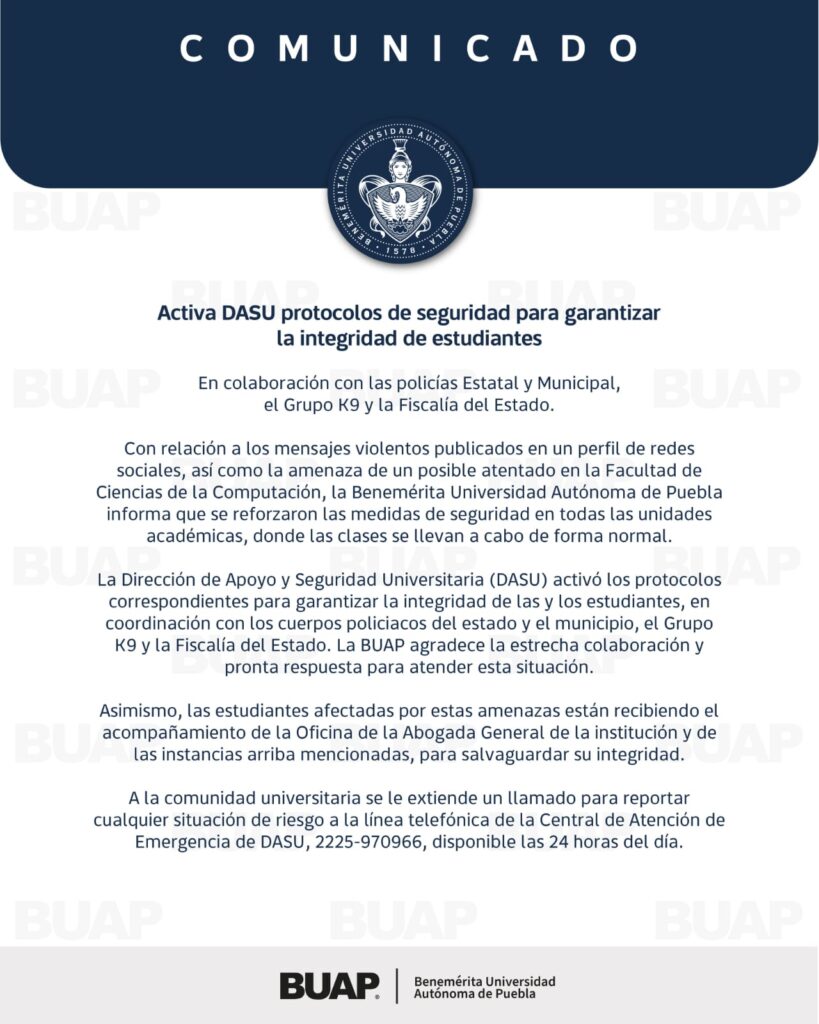 BUAP activa protocolos de seguridad para garantizar la integridad de estudiantes