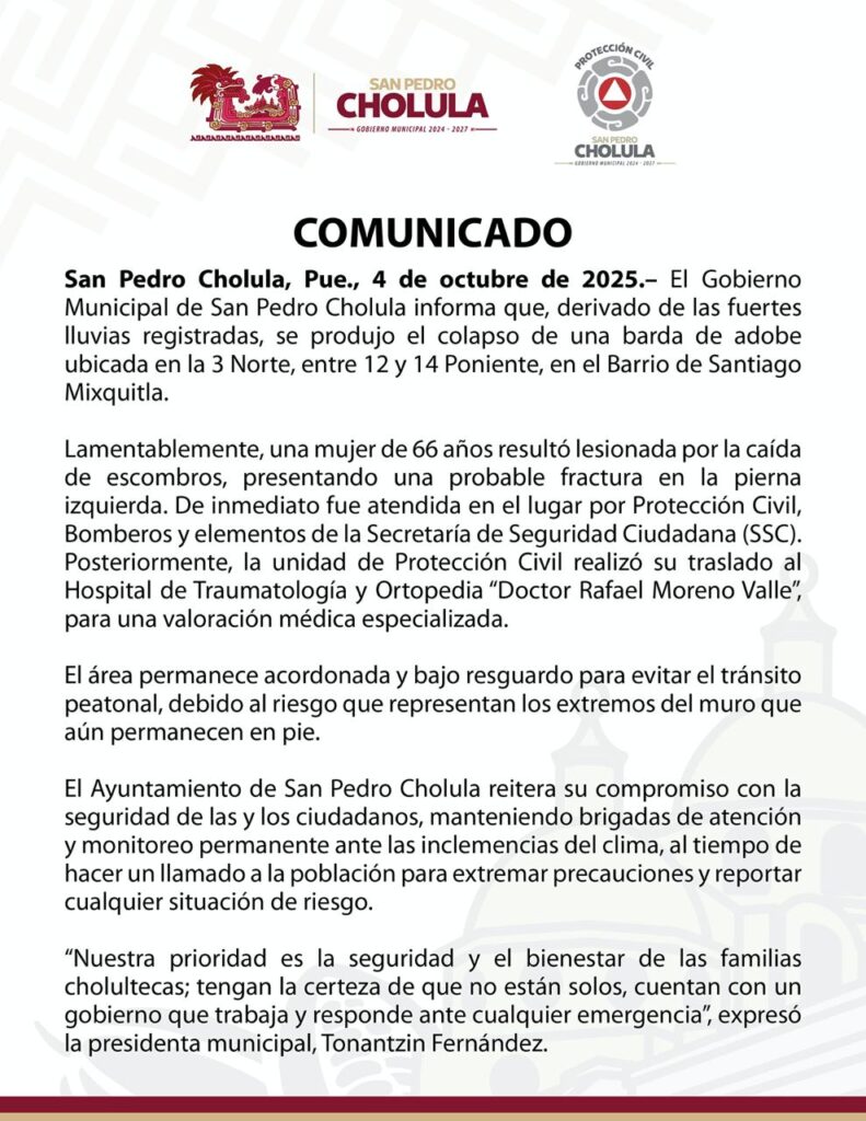 Mujer de 66 años, lesionada en San Pedro Cholula tras caída de barda provocada por la lluvia