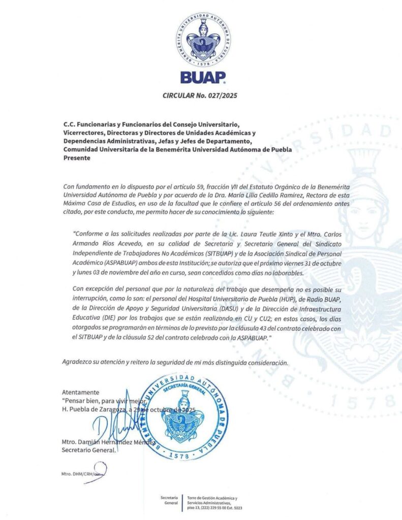 La BUAP confirma suspensión de labores