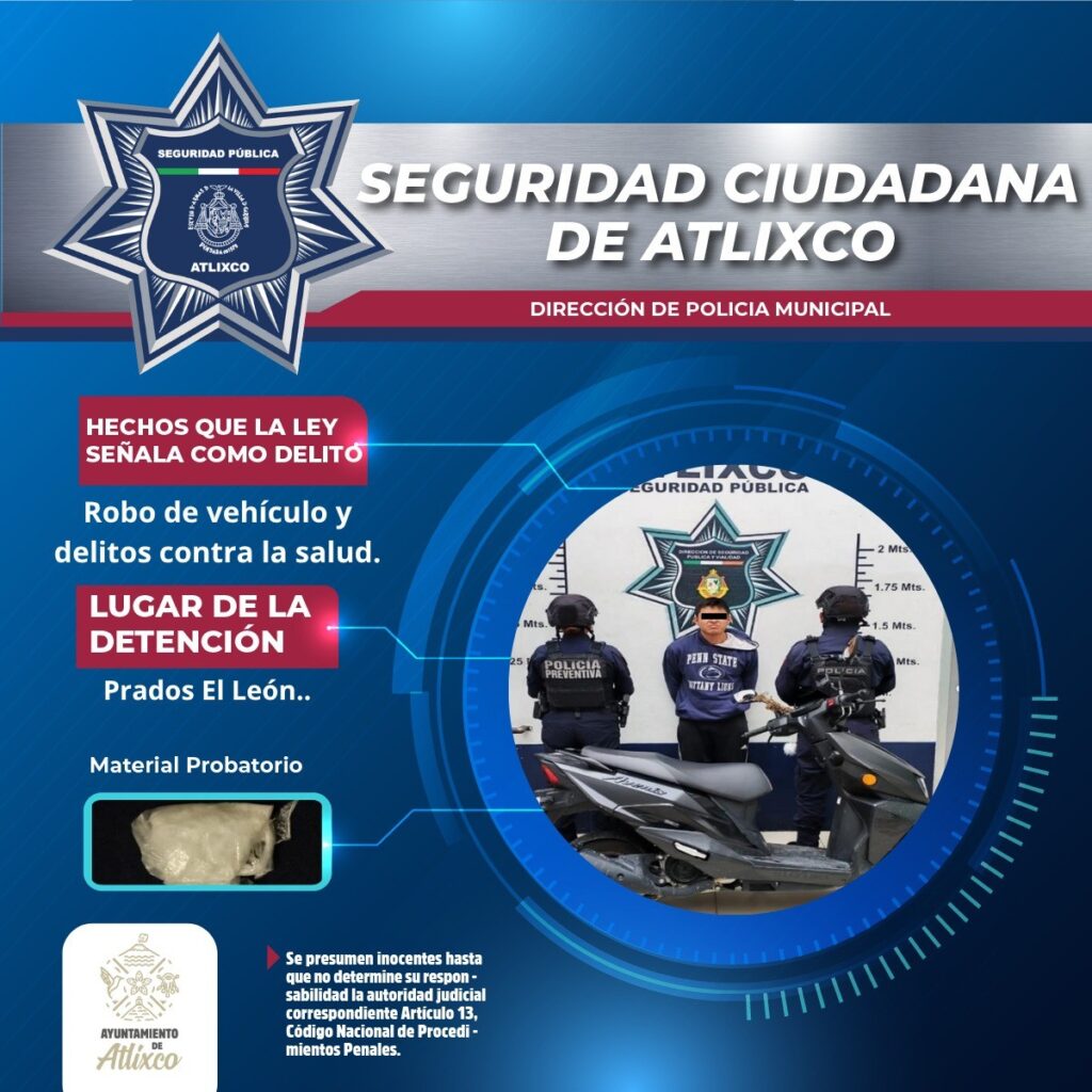 Detenido en Atlixco por robo a motocicleta y posesión de droga