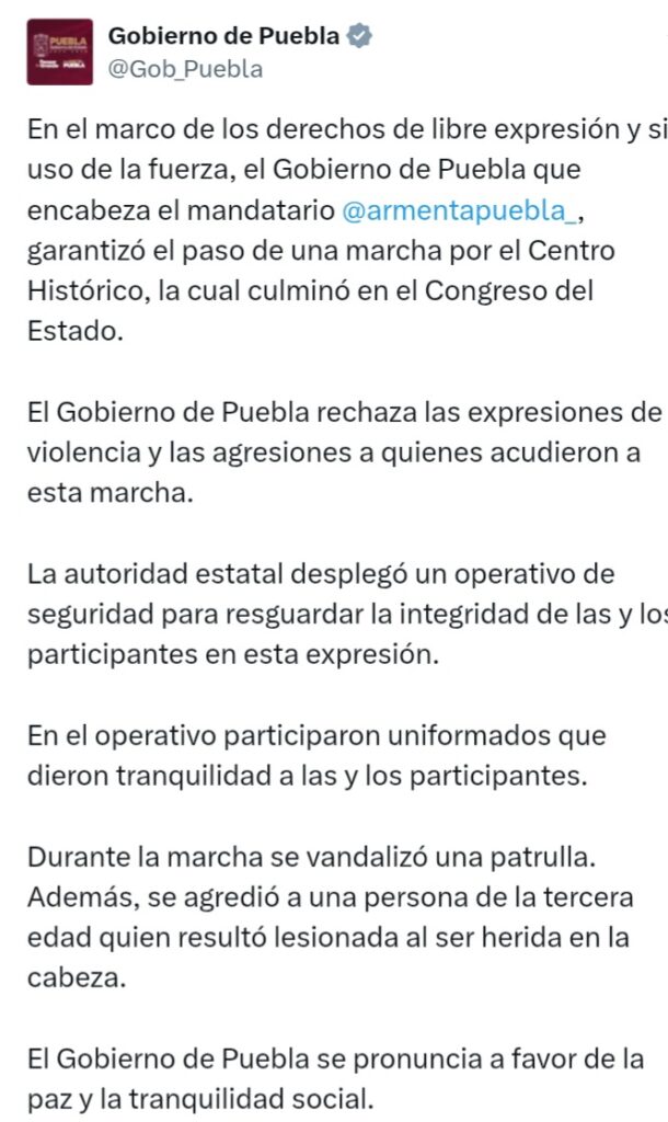 Gobierno de Puebla condena agresión a persona de la 3ra edad durante la “marcha z”