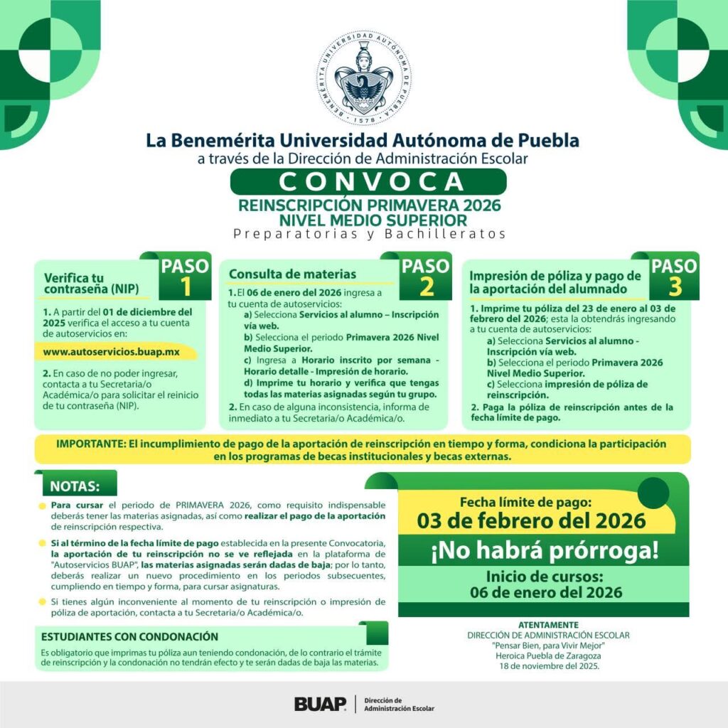 BUAP publica convocatoria para primavera 2026 del nivel medio superior