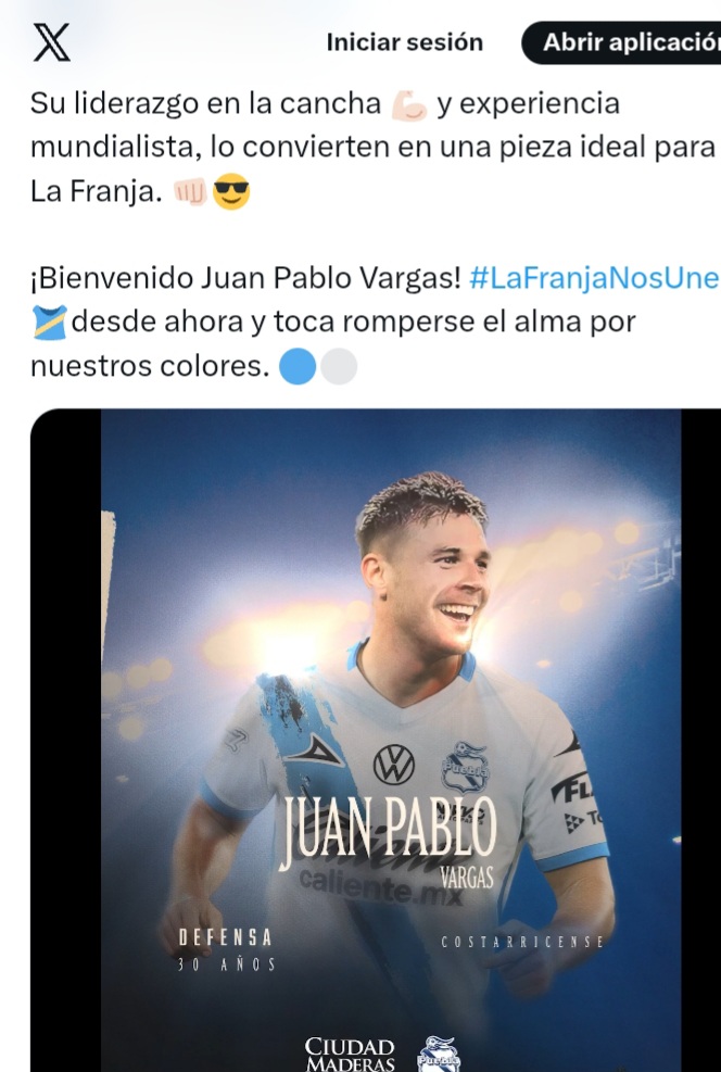 El.Puebla FC informó contratación del seleccionado costarricense, Juan Pablo Vargas