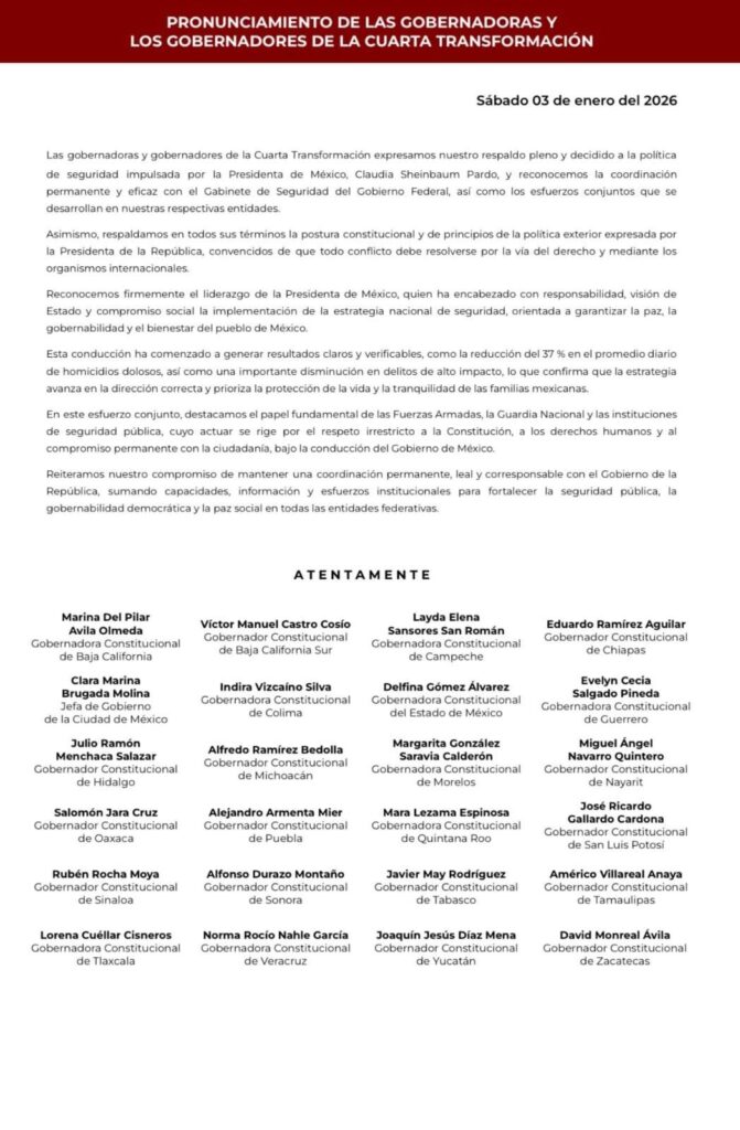 Alejandro Armenta y gobernadores de la 4T emitieron desplegado de respaldo a Sheinbaum