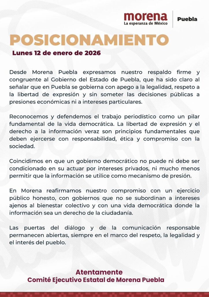 Morena Puebla respalda al gobierno del estado y reafirma compromiso con la legalidad y libertad de expresión
