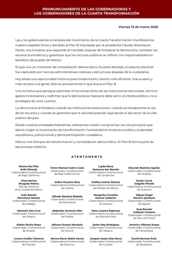 Armenta y sus homólogos manifestaron su respaldo a Sheinbaum por el Plan B