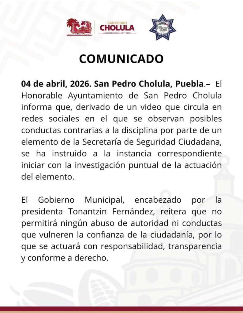 Investigarán a agente de la secretaria de Seguridad Ciudadana de San Pedro Cholula exhibido en redes sociales