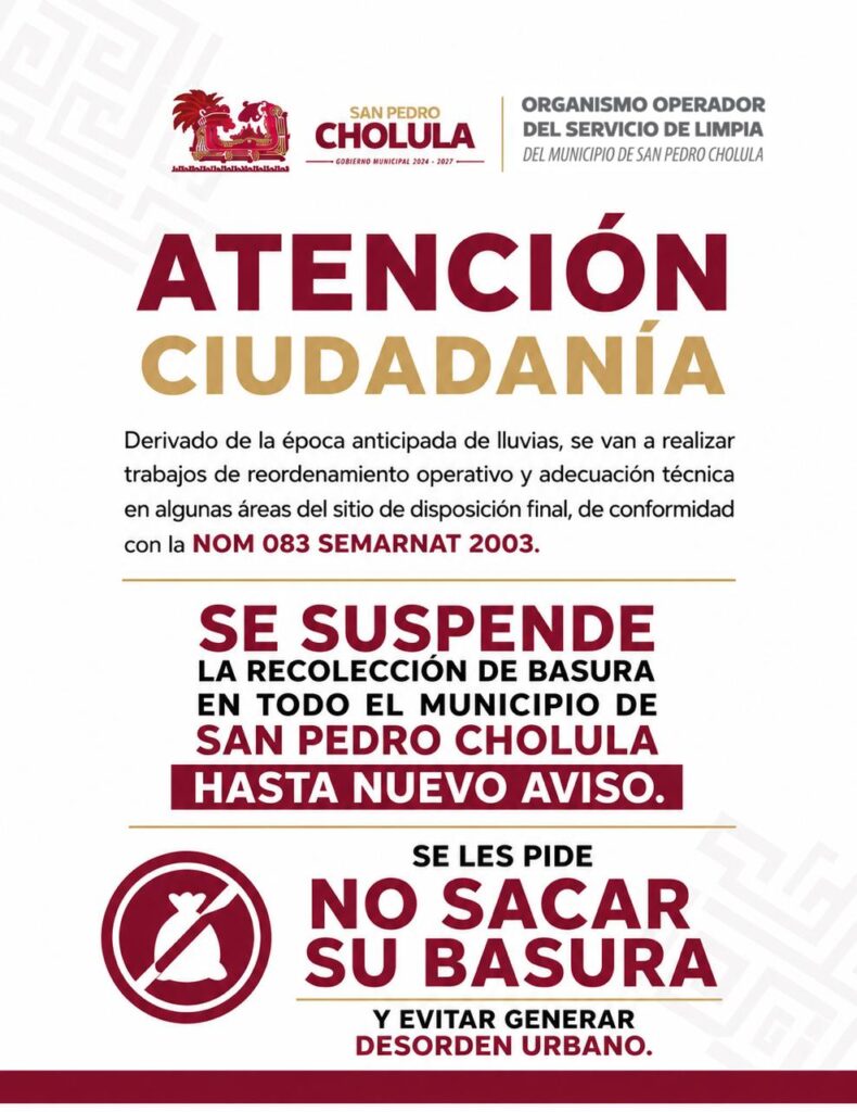 Suspenden temporalmente la recolección de basura en San Pedro Cholula