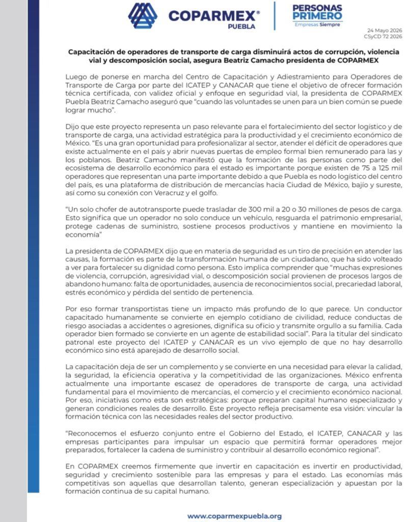 Coparmex avala el nuevo centro estatal de capacitación para transportistas de carga