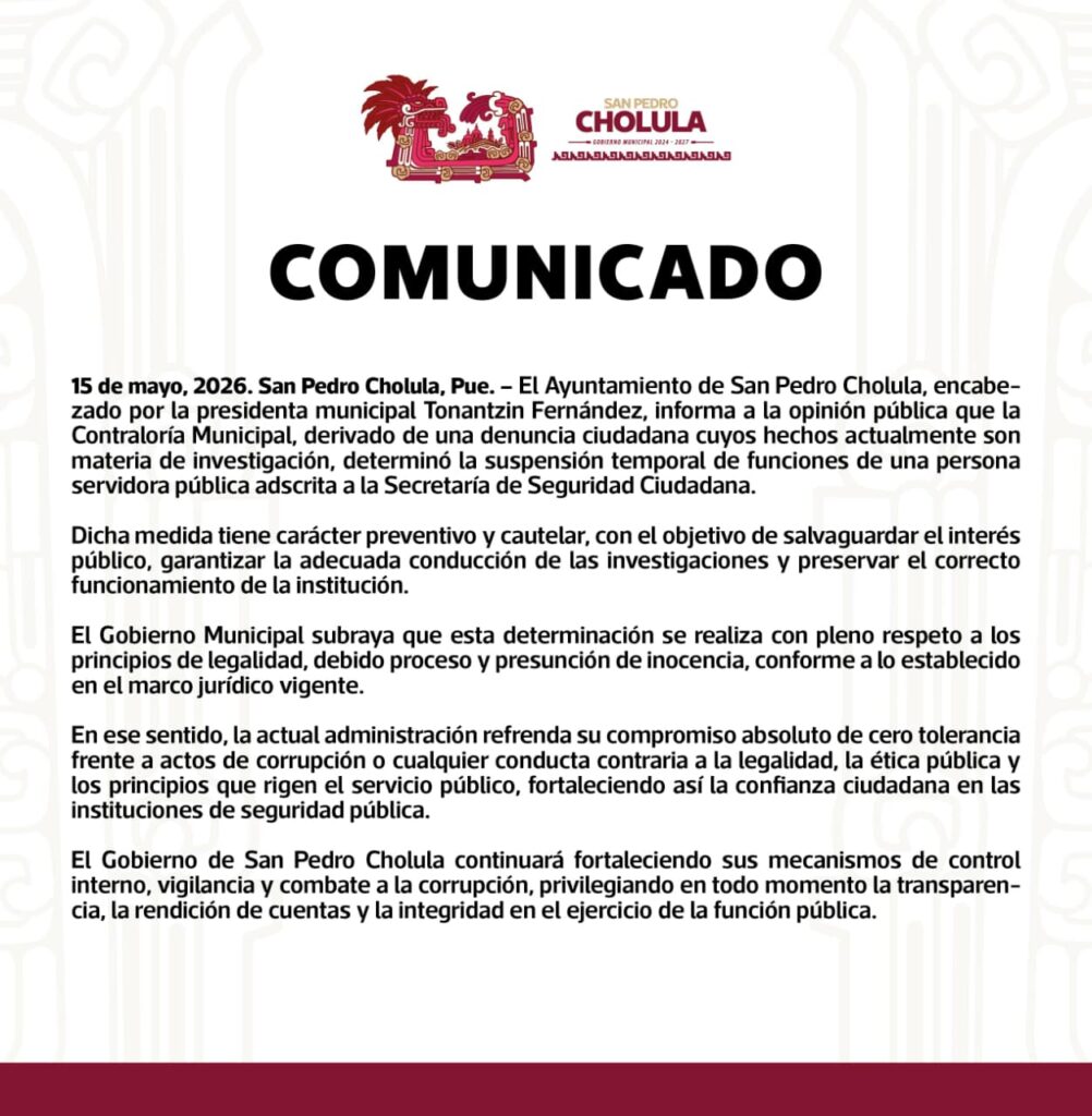 San Pedro Cholula separa del cargo a elemento de Seguridad Ciudadana