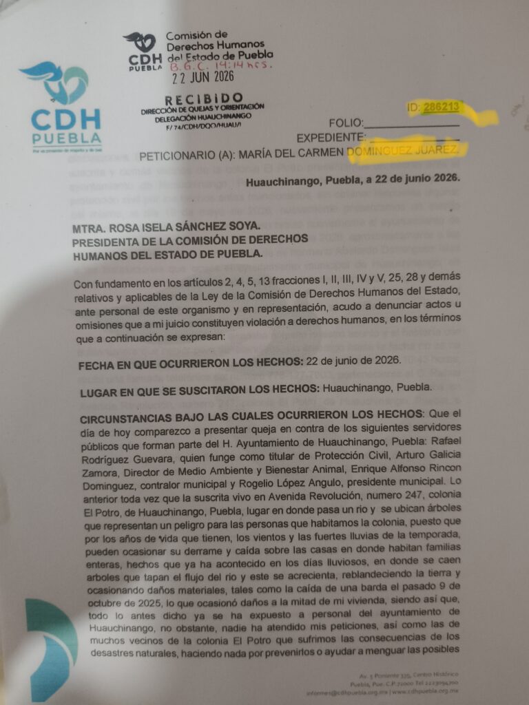 Denuncian ante la CDH al ayuntamiento de Huauchinango por omisión