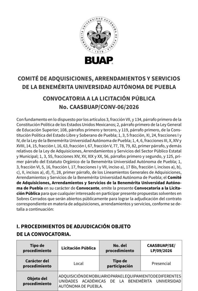 BUAP lanza licitación para adquirir mobiliario