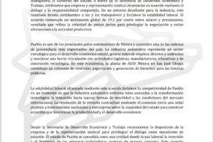Gobierno estatal celebra acuerdo AUDI-Base trabajadora para afianzar industria automotriz